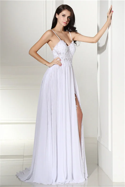 Super Sale A-line White Evening Dresses Straps Chiffon Long Formal Dresses