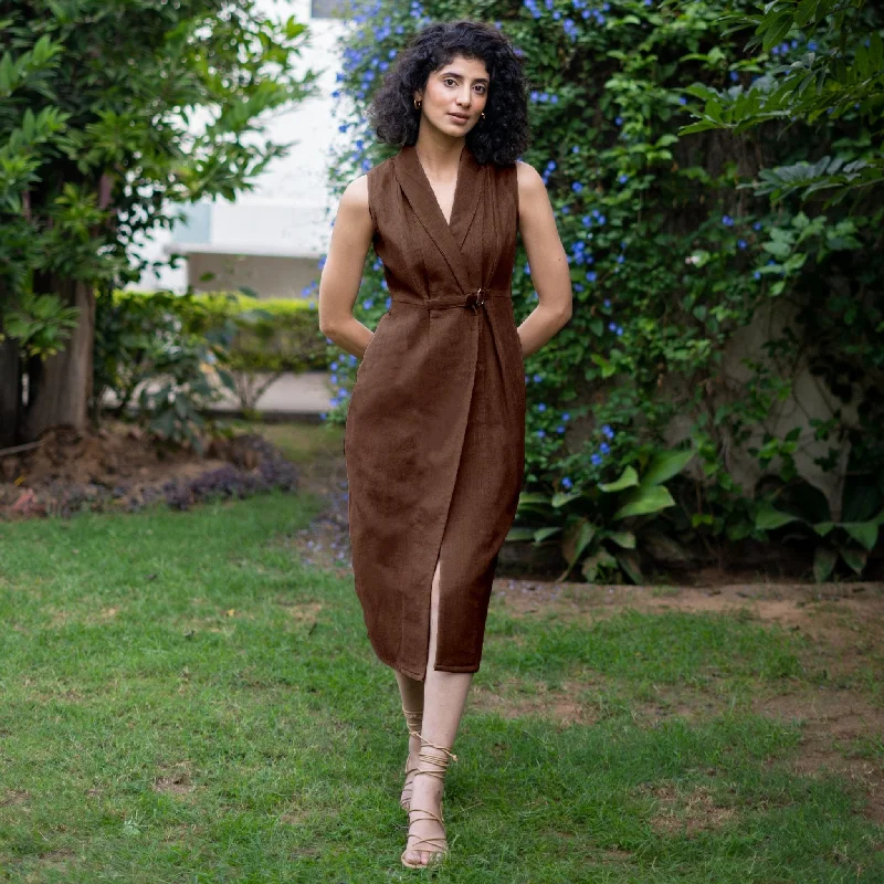 Instant Savings Brown Warm Cotton Corduroy Sleeveless Midi Blazer Dress