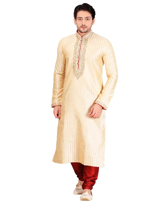Holiday Sale Saris and Things Cream Dupioni Raw Silk Readymade Ethnic Indian Kurta Pajama for Men