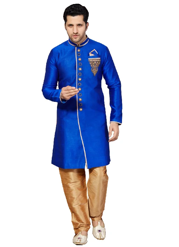 Super Deal Blue Ghicha Silk Indian Wedding Indo-Western Sherwani For Men