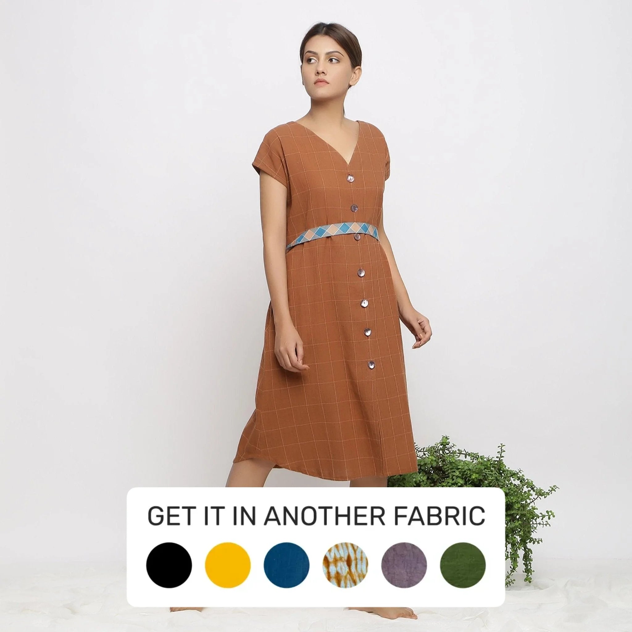 Savings Alert Brown Checks Handspun Cotton Knee Length Shift Dress
