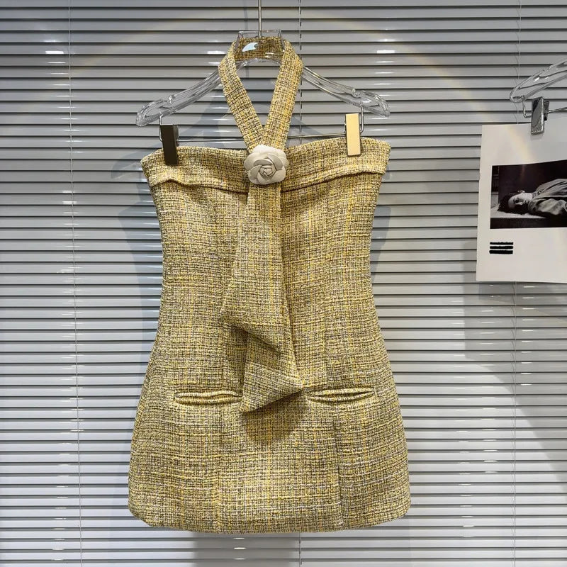 Markdown Madness Strapless Petal Applique Necktie Halter Yellow Tweed Dress