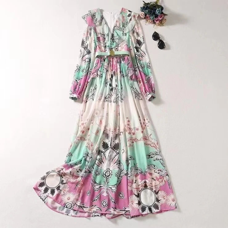 Exclusive Offers Ruffled Floral Print Belt Pleated Dress