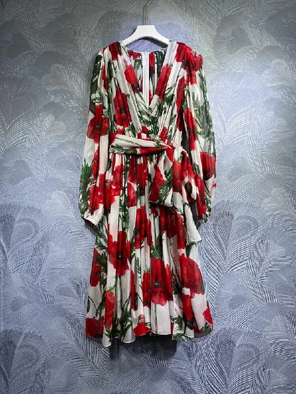 Deep Discounts High Quality Designer Real Silk With Belt Safflower Print Midi Dresses Deep Discounts High Quality Designer Real Silk With Belt Safflower Print Midi Dresses