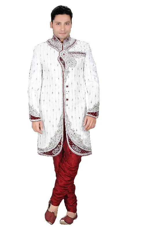 Price Reduction Traditional Off White Brocade Silk Indian Wedding Sherwani For Men