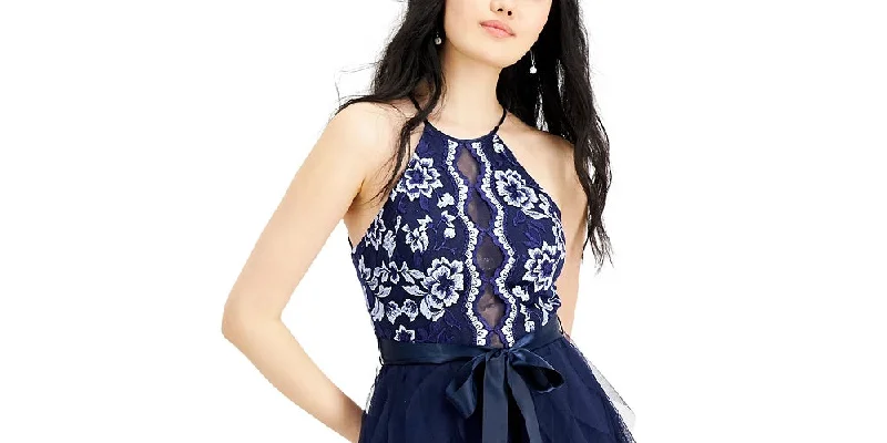 Anniversary Sale Teeze Me Women's Navy Ruffled Textured Floral Sleeveless Halter Full-Length Layered Formal Dress Navy Size 5 Anniversary Sale Teeze Me Women's Navy Ruffled Textured Floral Sleeveless Halter Full-Length Layered Formal Dress Navy Size 5