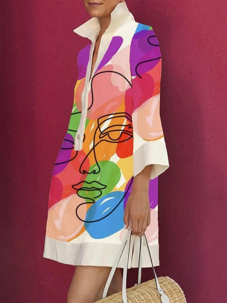 Savings Event Contrast Color Figure Printed Lapel Shirt Dress