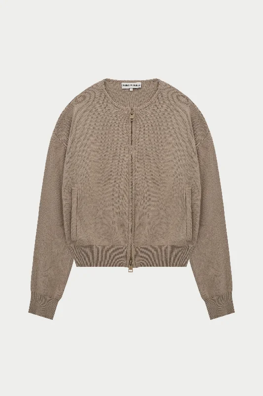 COLLARLESS KNITTED ZIP THROUGH BOMBER - BEIGE