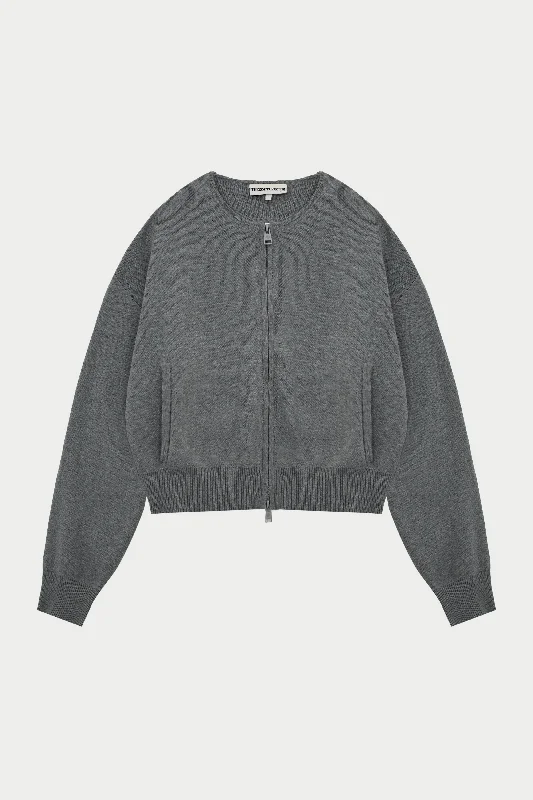 COLLARLESS KNITTED ZIP THROUGH BOMBER - GREY MARL