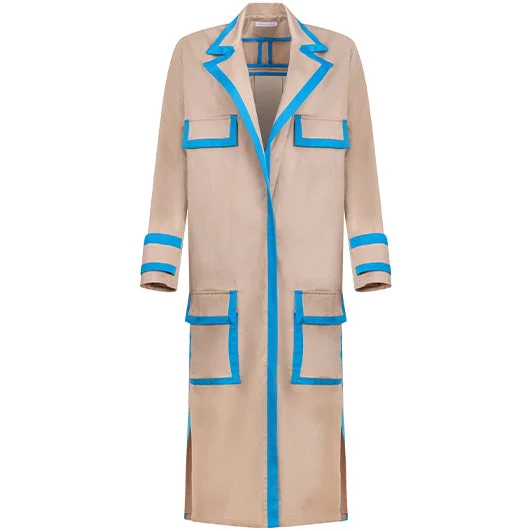 Flash Sale REVERS MAXI COAT “IRA” IN LIGHT BEIGE COTTON WITH LIGHT BLUE DETAILS
