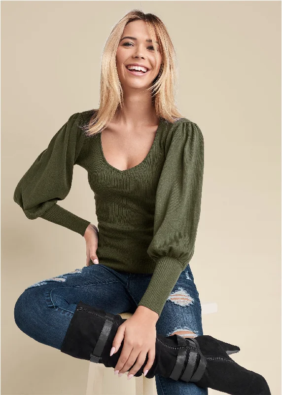 Crazy Deals Puff Sleeve Sweater - Olive