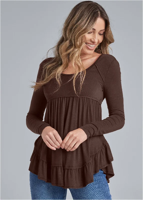 Long Sleeve Babydoll Top - Dark Brown