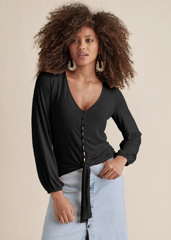 Tie-Front Button-Up Top - Black