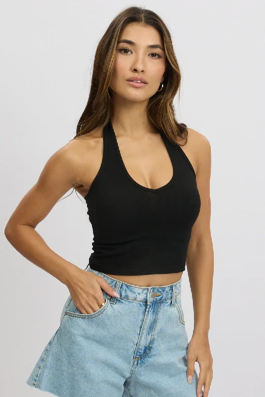 Black Halter Top Sleeveless Rib