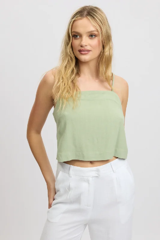 Green Cami Top Sleeveless Linen Blend