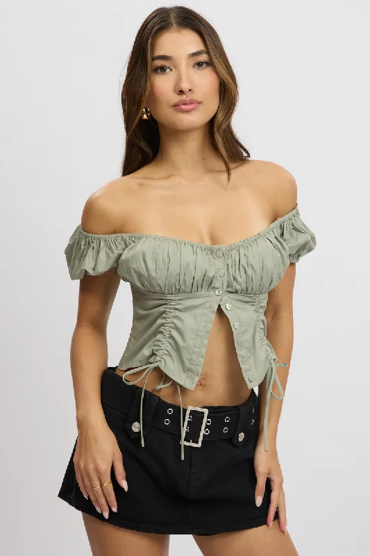 Green Crop Top Short Sleeve Ruched Button Front