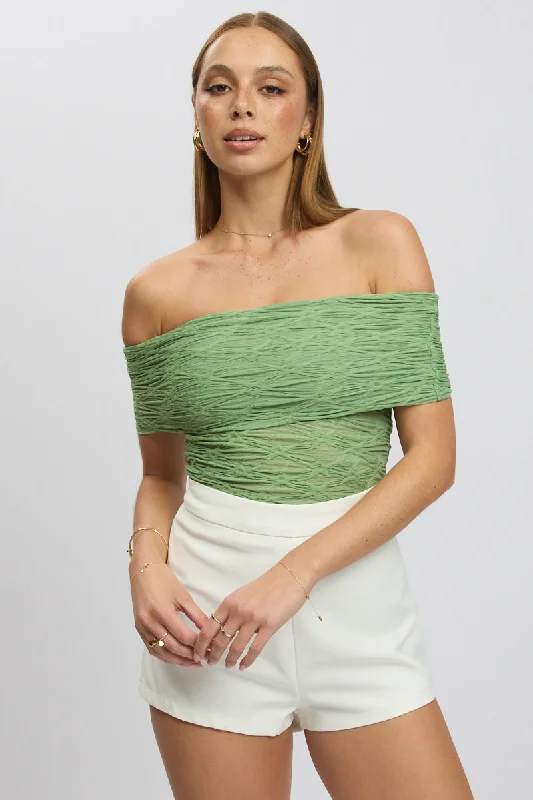 Green Textured Top Off Shoulder