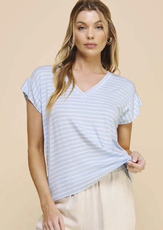 Casual Striped V-Neck Relaxed Fit Top Made in USA