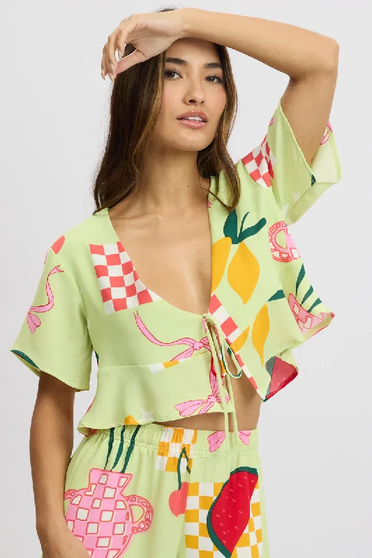 Multi Abstract Tie Up Top Short Sleeve Crop