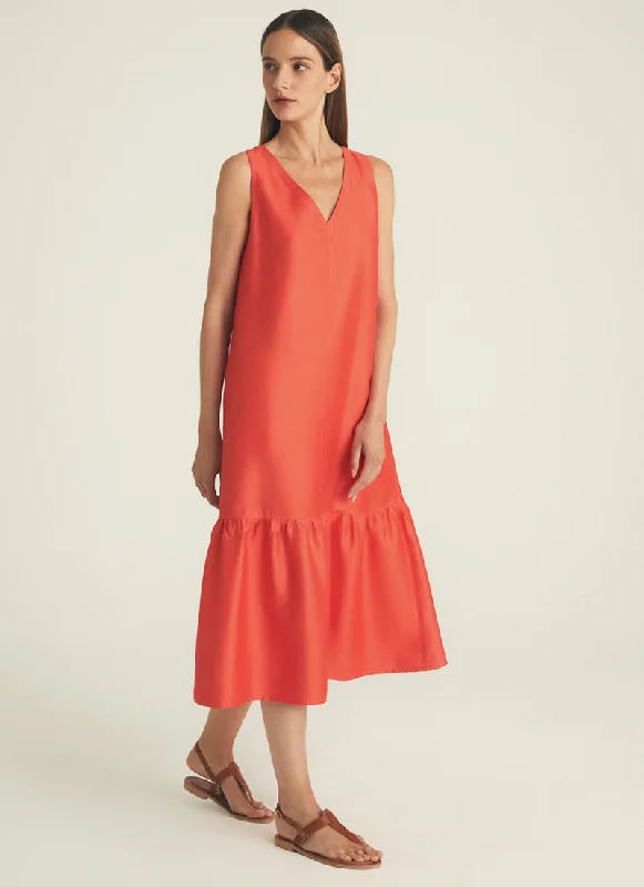 V-Neck Sleeveless Midi Dress with Flounce Hem