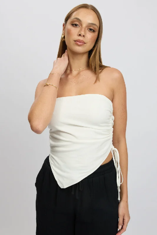 White Tube Top Side Ruched Linen Blend