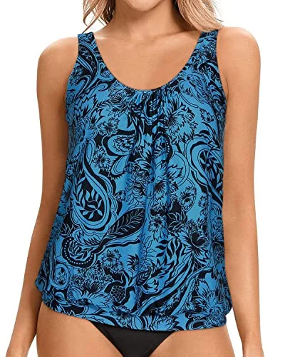 Athletic Style Tankini Swim Top Adjustable Straps For Women-Blue Paisley