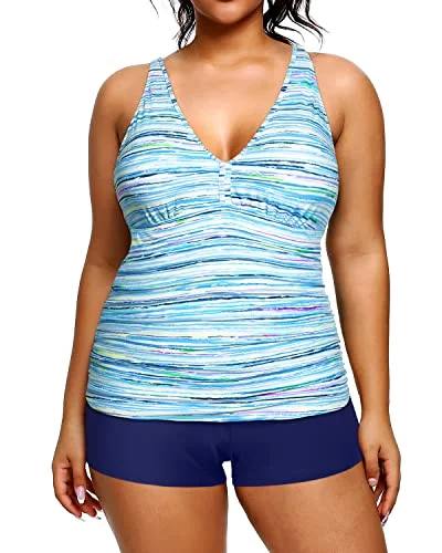 Women's Plus Size Adjustable Shoulder Straps Tankini Swimsuit-Blue Striped