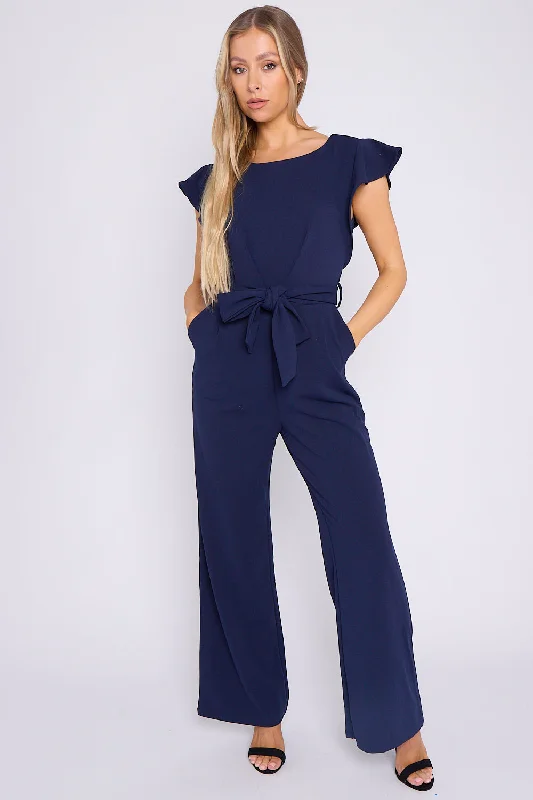 Aftershock London Alisha Navy Wide Leg Belted Jumpsuit