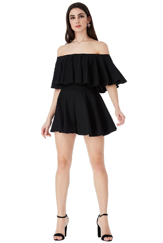 Goddiva Off The Shoulder Frill Neck Skater Playsuit - Black