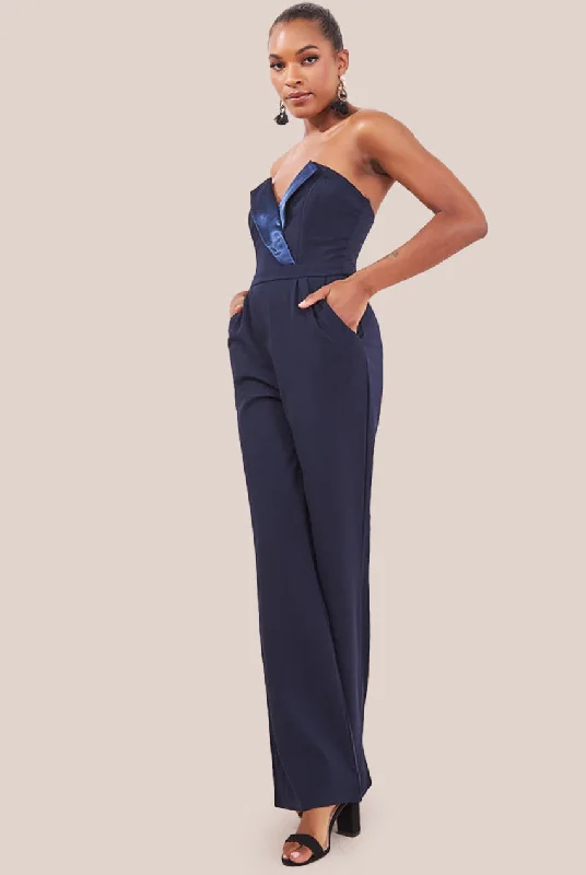 Goddiva Satin Collar Scuba Jumpsuit - Navy