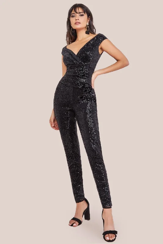 Goddiva Sequin Velvet Bardot Jumpsuit - Black