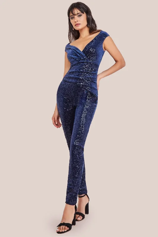 Instant Savings Goddiva Sequin Velvet Bardot Jumpsuit - Navy