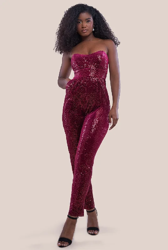 Closeout Sale Goddiva Sequin & Velvet Corset Jumpsuit - Wine