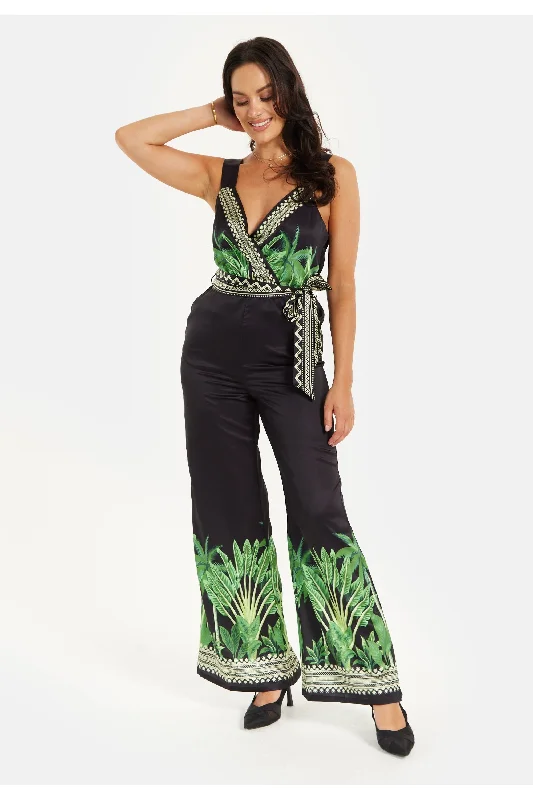 Liquorish Leaf Printed V Neck Jumpsuit With Tie Detail