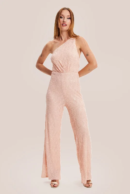 Liquorish Pink Sequin Jersey One Shoulder Jumpsuit