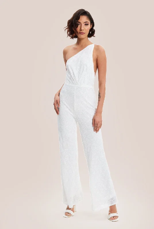 Liquorish White Sequin Jersey One Shoulder Jumpsuit