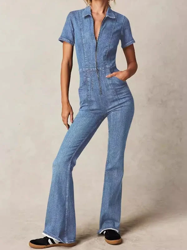 Bargain Bin ZASUWA Female Denim Pocket Zipper Flare Jumpsuit