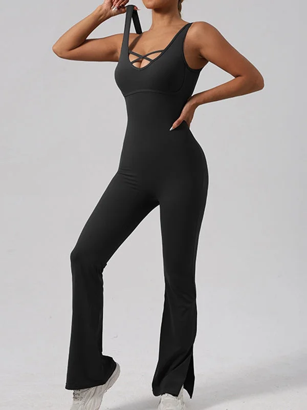 Price Blitz ZASUWA Female Sexy Cross Collar Backless Flare Split Jumpsuit