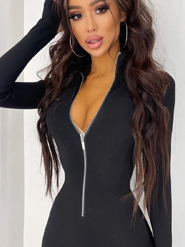 Extra Savings ZASUWA Female Solid Color Ribbed Thumbhole Zipper Jumpsuit