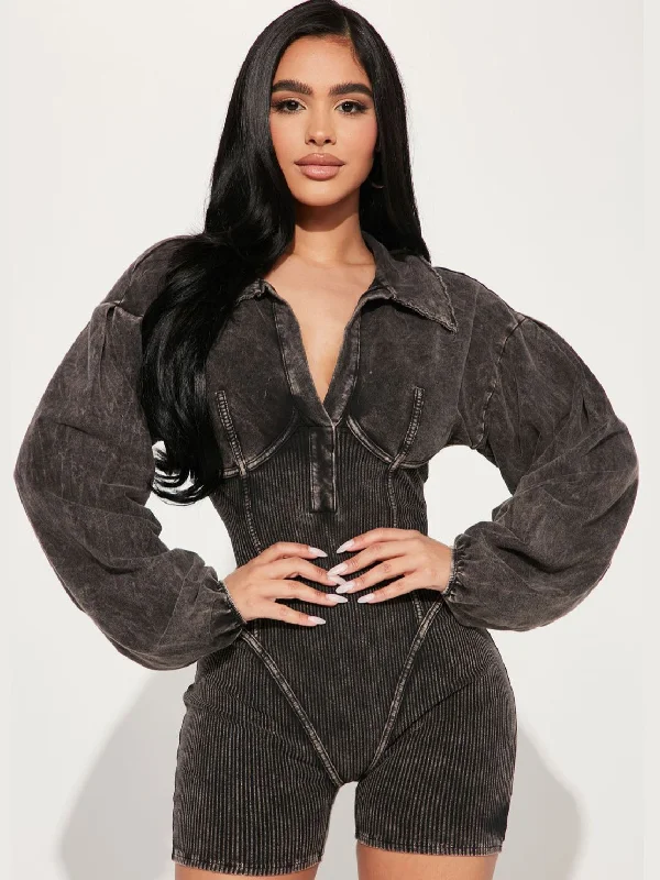 ZASUWA Female Deep V-neck Lapel Denim Ribbed Elastic Tight Short Jumpsuit