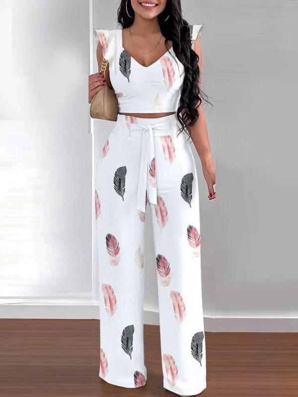 Super Sale Women's casual fashion feather print commuting two-piece suit