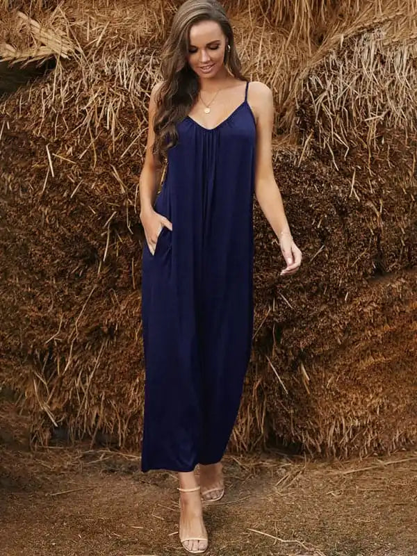 Women’s casual suspenders jumpsuit loose simple wide-leg jumpsuit