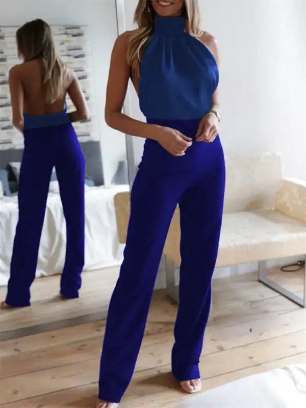 Women’s Sexy Temperament Solid Color Halter Neck Backless Slim Jumpsuit