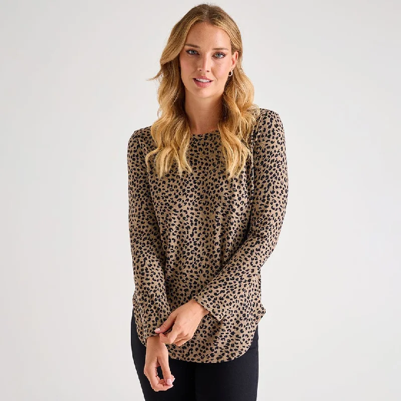 Ladies Oatmeal Leopard Smudge Curved Hem Top