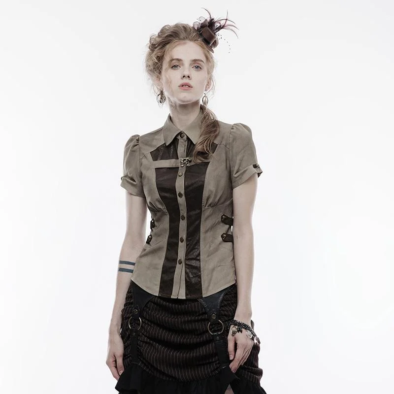 TIME-Limited Offer Punk Rave Women's Faux Leather Colorblock Metal Buttons Handsome Shirt Y827