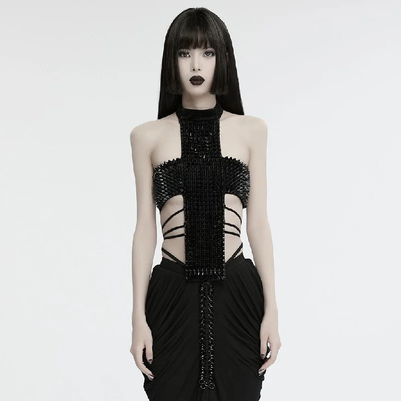 Can't Be Beat Women's Gothic Halterneck Studded Lace-up Top