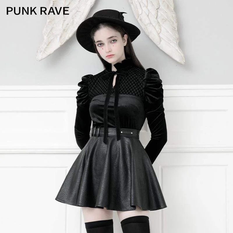 Women's Gothic Stand Collar Lace-up Leg-of-mutton Sleeved Velvet Tops