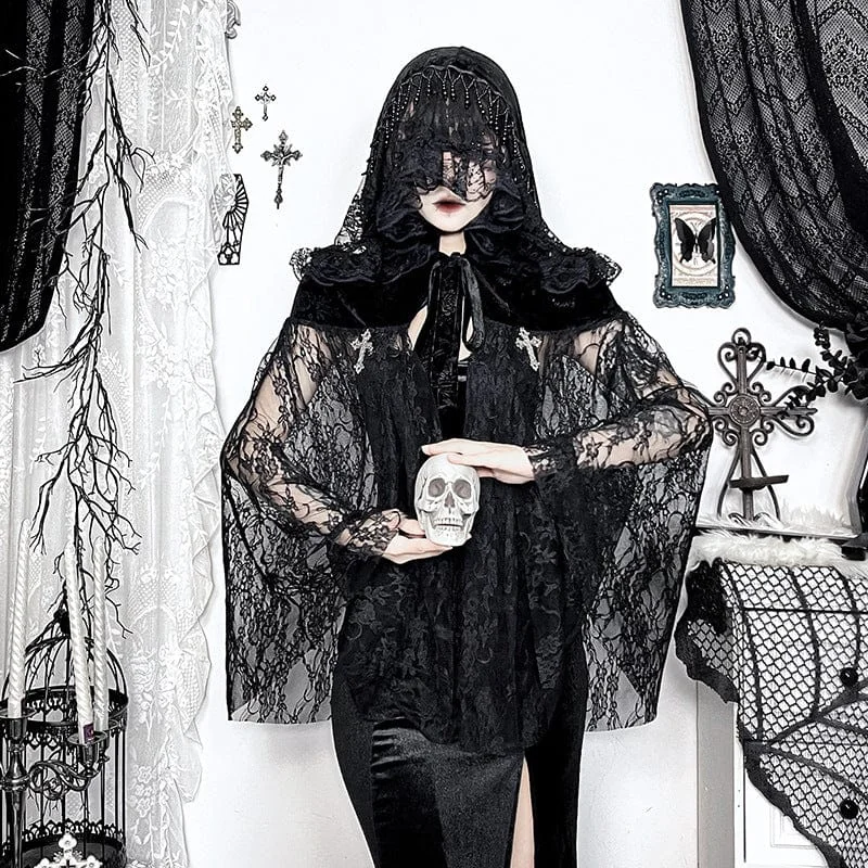 Women's Gothic Tassels Lace Cape with Hood