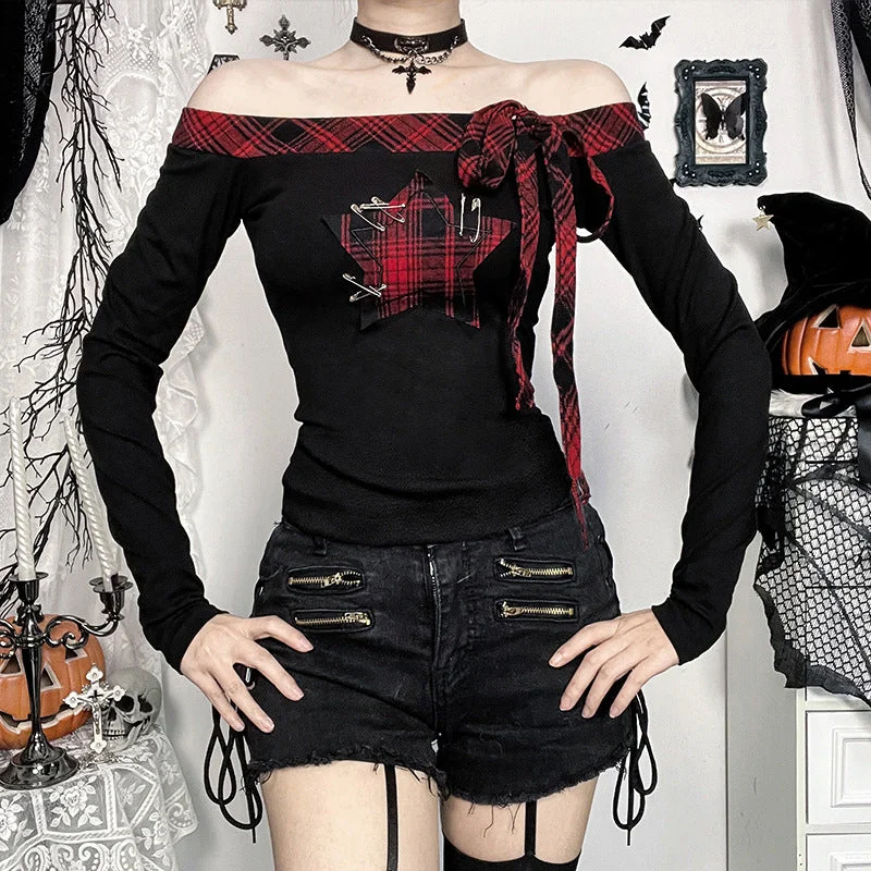 Women's Grunge Plaid Off Shoulder Black Red