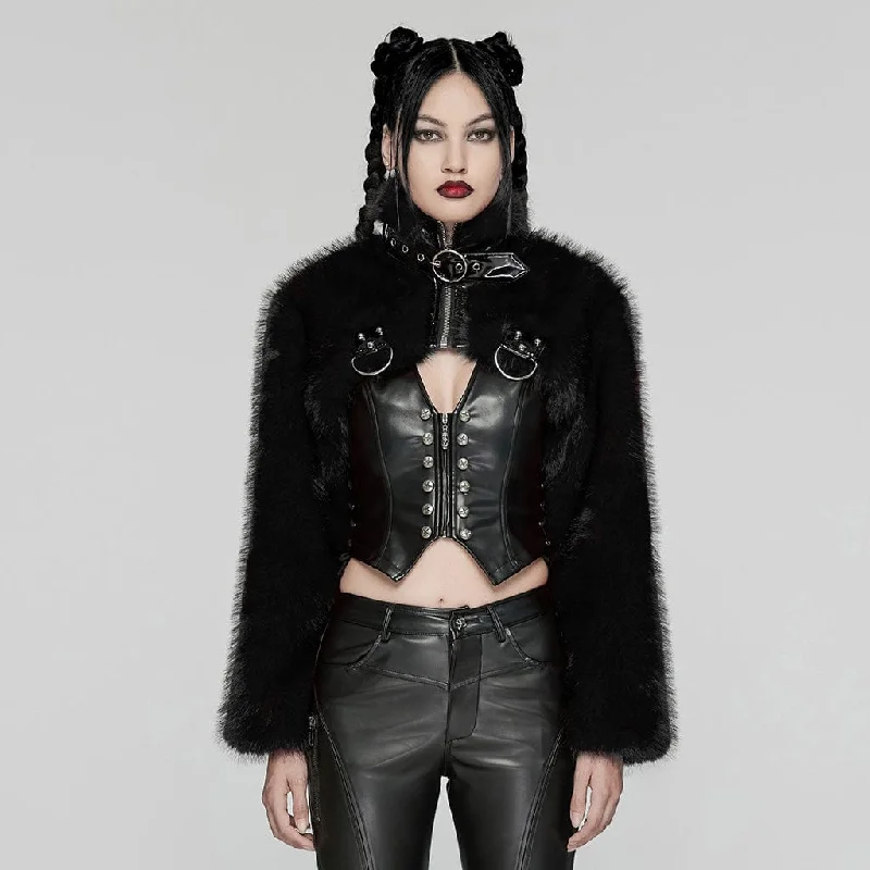 Crazy Savings Women's Punk Stand Collar Faux Fur Short Jacket Black